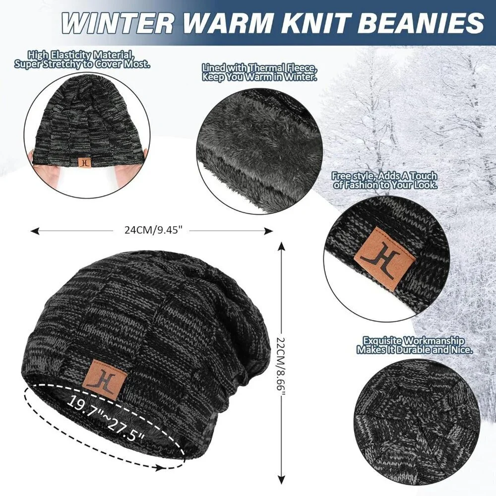 Men's Black Winter Warm Knit Skull Cap Neck Warmer Fleece Lined Hats Scarf Set